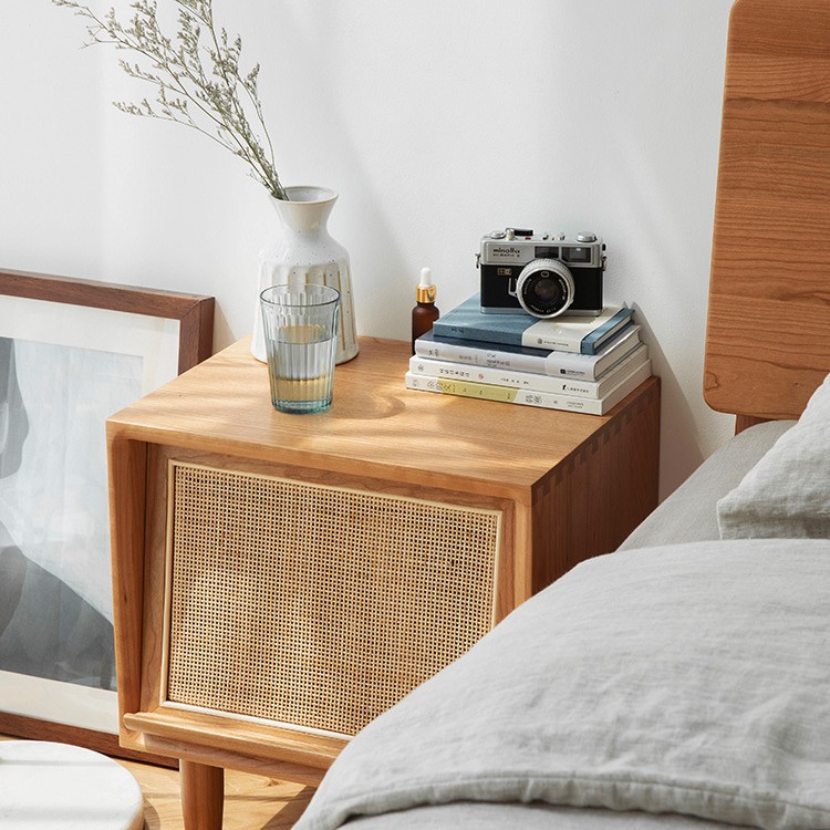 北欧民宿酒店实木床头柜家用细藤编床边收纳柜卧室储物原木矮柜