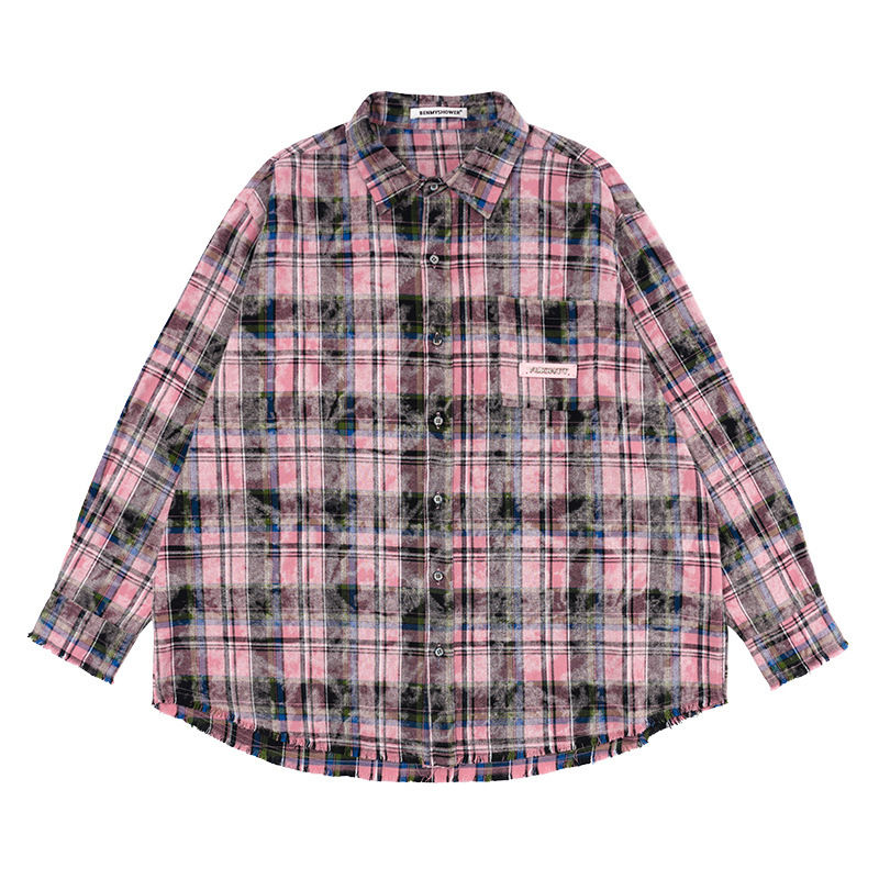 National Trendy Spring and Autumn American Style Vintage Tassel Long Sleeve Workwear Plaid Shirt Jacket Japanese Trendy Brand Couple Shirt