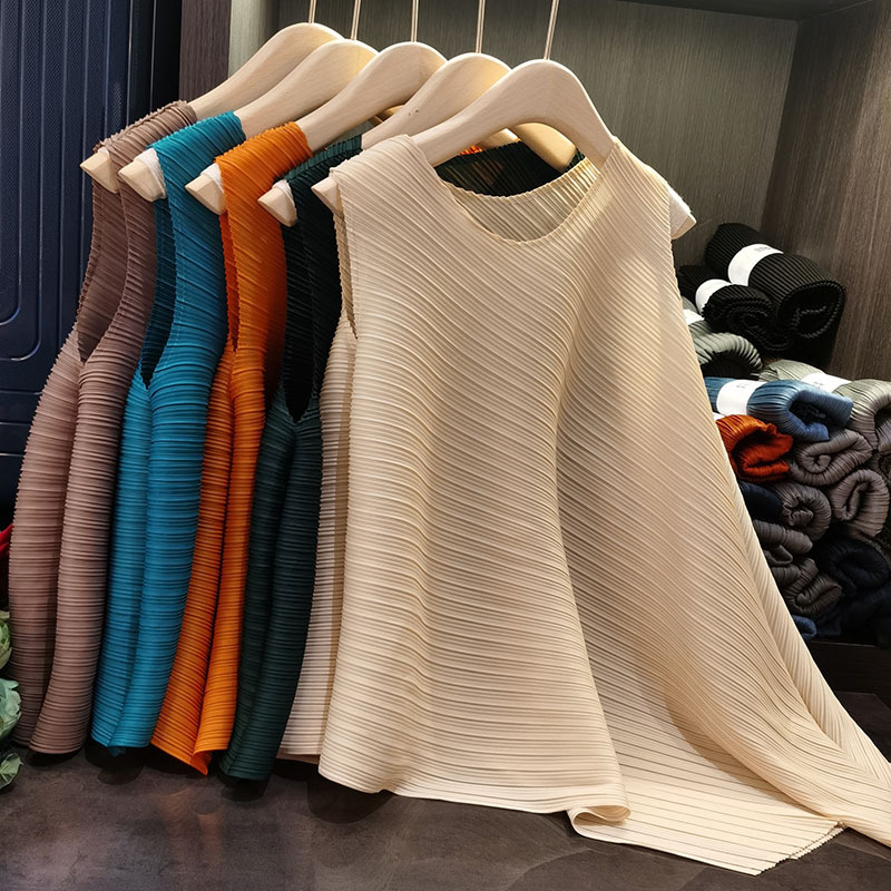 Áo ba lỗ nữ xếp ly suốt đời dáng rộng mỏng nhẹ mùa hè — Tím hoa cà, Màu đen, Màu đỏ cam, Màu xanh nước hồ