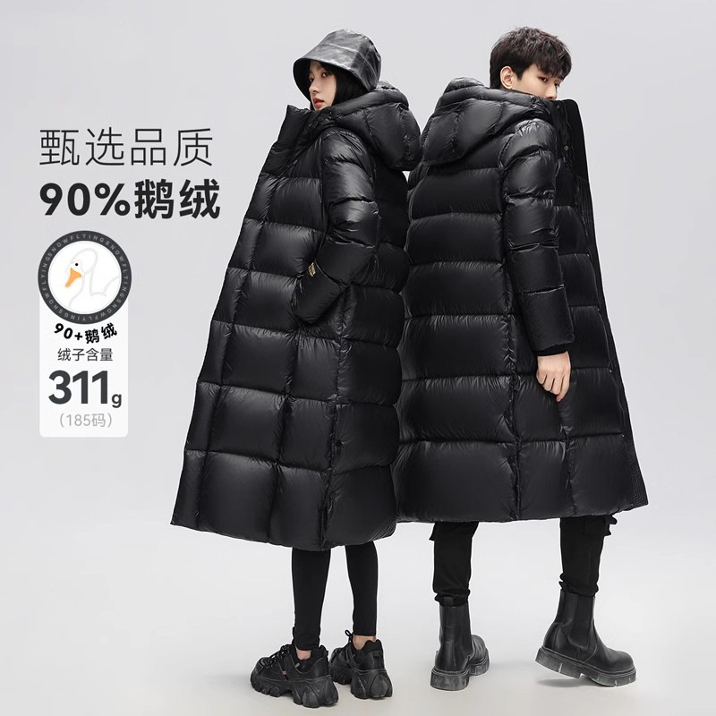 블랙 앤 골드 구스 다운 재킷 여성 하이 필링 벨벳 2024 남성과 여성을위한 매우 차가운 겨울 옷 커플 긴 두꺼운 겨울 자켓