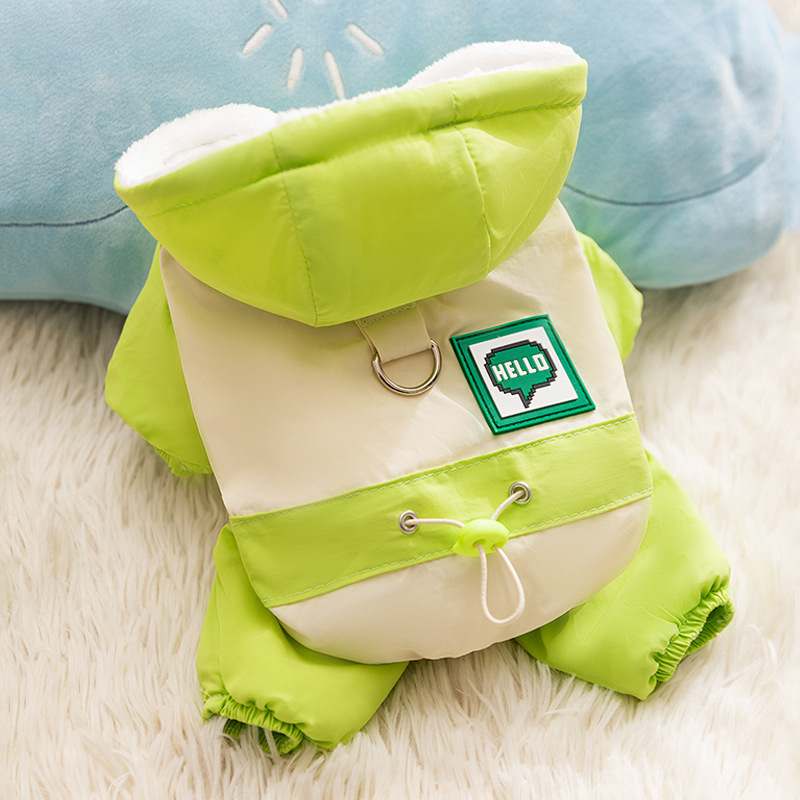 Gatos otoño y invierno caliente y grueso color contrastante empalme cuerda de dibujo de cuatro patas carga ropa de algodón perro Teddy ropa de mascota gato