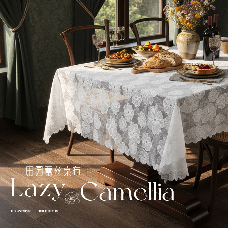Camellia tela de mesa de encaje antideslizante de alta calidad tela de mesa de té lujosa ligera sensación de atmósfera de estudio tela de mesa cubierta transfronteriza mayorista