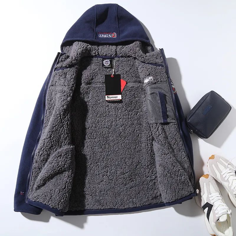 ¡Mover/Wei orden! Engrosado/abrigo de lana de cordero con capucha de los hombres otoño e invierno cálido polar fleece chaqueta de invierno