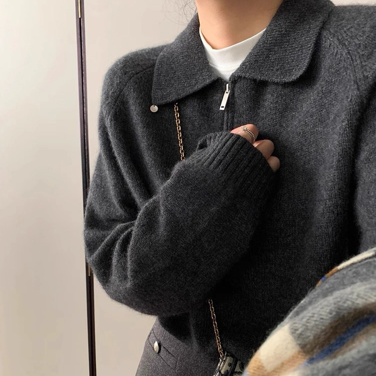 极简风气质Polo领半拉链宽松显瘦针织衫女装秋冬2025新款百搭上衣|undefined