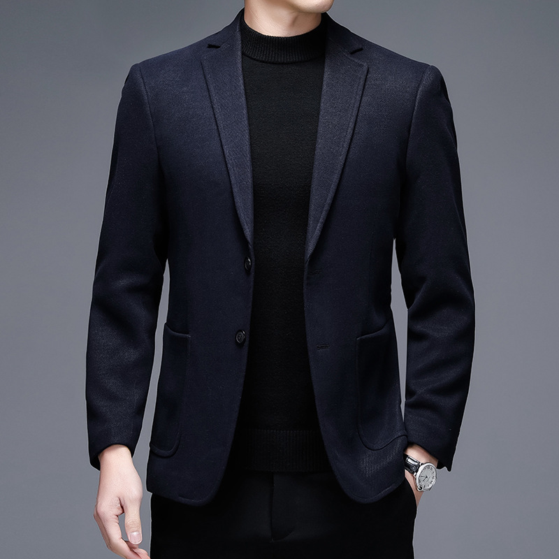 중년 봄과 가을 새로운 남성 캐주얼 양모 프리 세트 양면 모직 세트 재킷 남성 두꺼운 비즈니스 코트