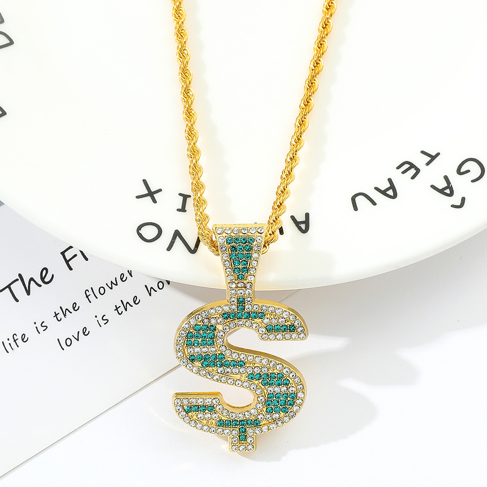 Hot selling US dollar necklace hip hop personality trend necklace, diamond studded US dollar rotating pendant necklace_voghion.com