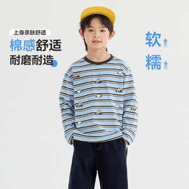 秋季男童运动上衣2026上新儿童时尚潮流条纹卡通印花圆领长袖T恤