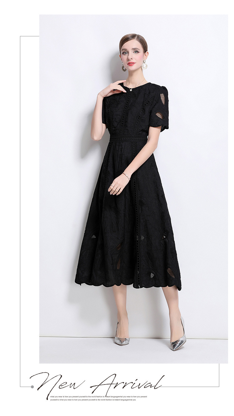 Đầm maxi nữ thắt eo cổ điển Pháp ren thêu họa tiết tay ngắn — màu đen, xanh nhạt, màu hồng, Xanh da trời nhạtcolor chi tiết 2