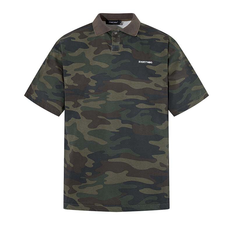 2026 Summer New High Street American Style Letter Embroidery Camouflage Green Short-Sleeve Polo Shirt Men's Trendy Loose Top