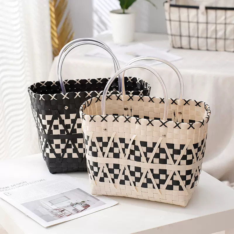 时尚手工沙滩包塑料购物篮 ins彩色大容量编织包 网红款编织篮