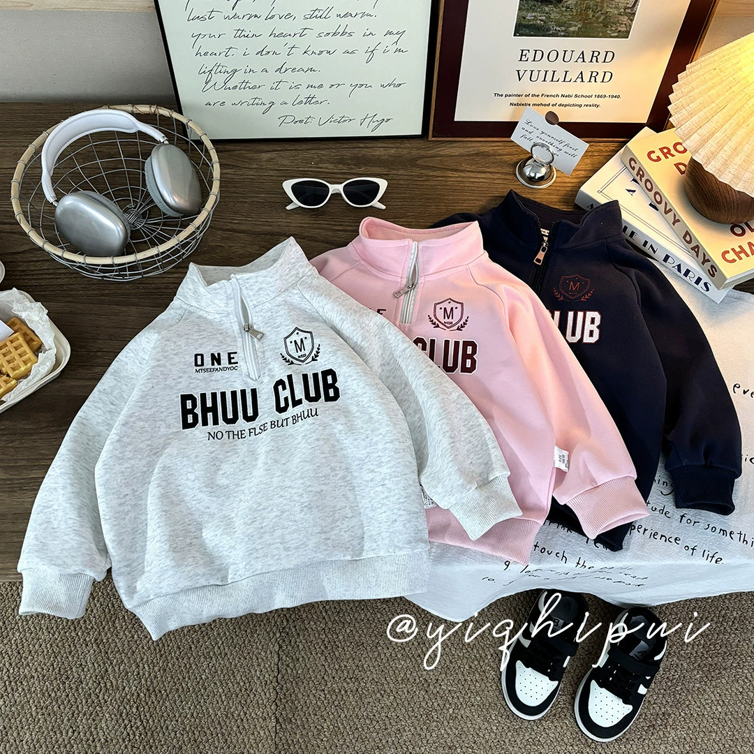 Детские толстовки весенне-осенние новые топы для мальчиков и девочек, спортивные пуловеры среднего и большого размера для детей, воротник-стойка, детская одежда с длинными рукавами.