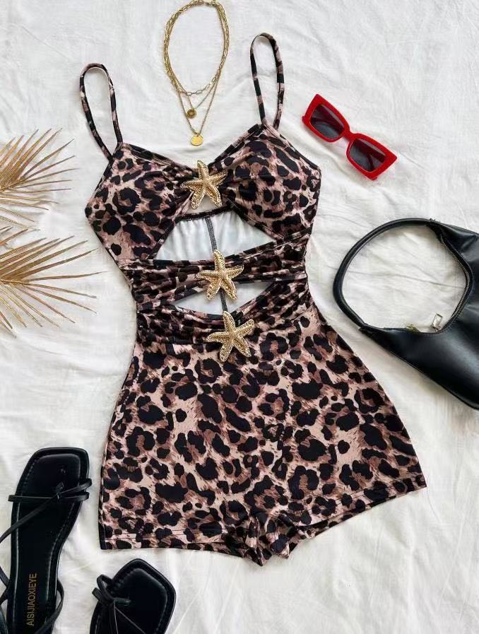 Textured Ruffle Strap One-Piece Swimsuit With Starfish Accent, Cutout Waist Design For Women's Vacation Hot Spring Wear_ecoleips.com