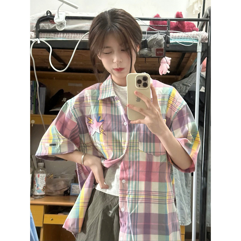 Rainbow Plaid Short-Sleeved Shirt for Women Summer 2025 New Dopamine Wear Top Design Niche Shirt