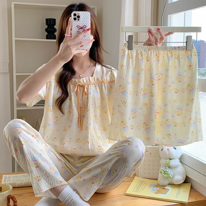 Hellokitty verano nuevo estilo doble pantalones cortos pijamas de tres piezas nube mujer algodón transpirable cuello cuadrado dulce y fresco
