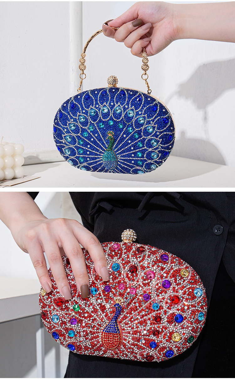 Elegant, Glam Style Rhinestone Metal Peacock Oval Evening Bags