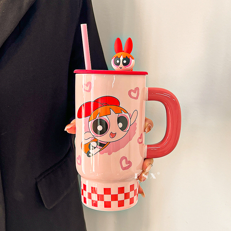 Ceramic cute capacious straw for home use with glass, tea cup, Birthday gift