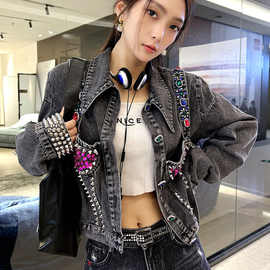 爆款春秋款网红潮流高腰牛仔外套女2025新款个性重工显瘦牛仔衣