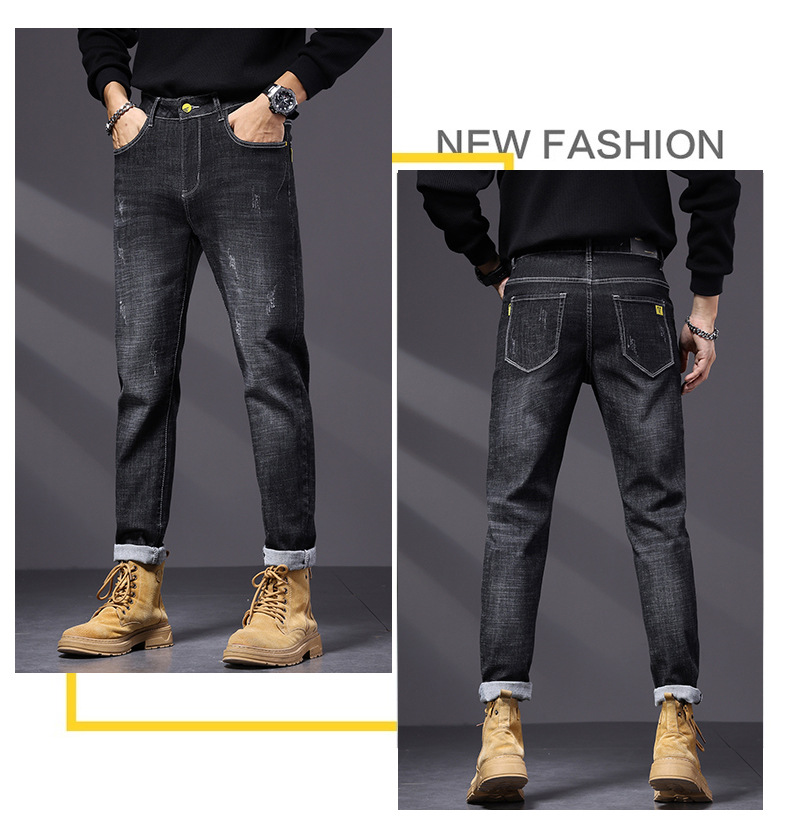 High ed jeas me's tredy brad 2024 Sprig ad Autum ew America black slim fit small foot casual log pats for_voghion.com