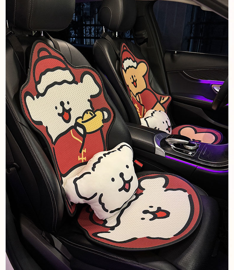 Car Seat Cushion for All Seasons, Cartoon Cute Half-Pack Black and White Line Puppy, Ice Silk Car Cushion for All Seasons