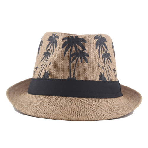 Men's Jazz Hat Palm Print Coconut Tree Pattern Roller Brim Straw Hat Summer Vacation Couple Beach Hat Sun Hat