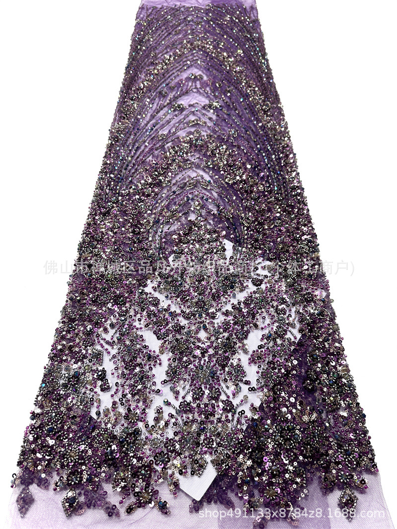 Fabricante de lujo bordado a mano Peacock Tail red tela de encaje de plata cristal perlas adornos formales tela de vestido de baile
