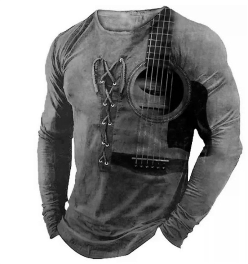 2022 retro hombres 3D digital placket abierto de siete botones Camiseta de manga larga de los hombres de guitarra patrón transfronterizo estación independiente