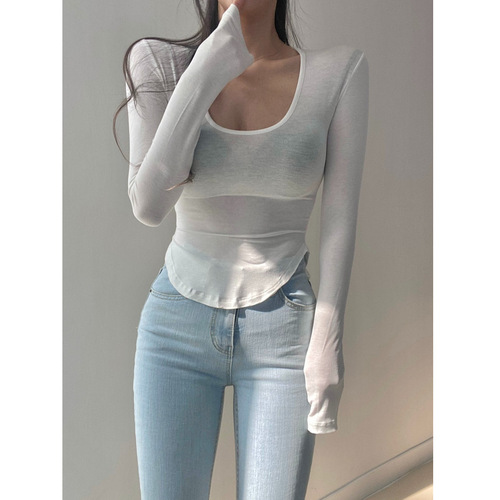Show chest, niche inside, hot girl, pure desire, bottom collar, top, women's u irregular sexy long-sleeved T-shirt, unique