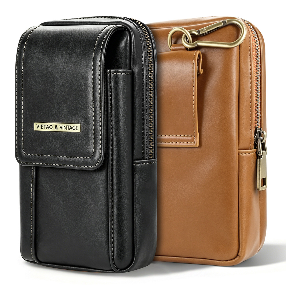 Solid Color Retro Men's Mobile Phone Waist Bag with Belt Buckle and Zipper, Outdoor Hiking Large Capacity Waist Bag
