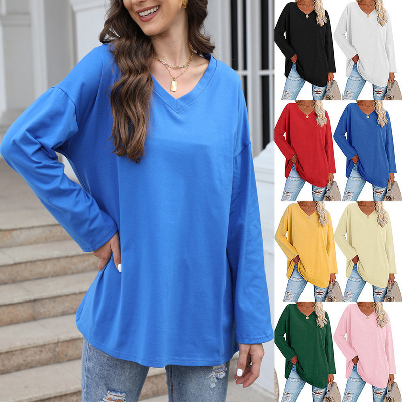 European and American Oversized Women's T-Shirt 2022 Amazon Export New Multi-Color Loose Shoulder Sleeves V Neck Pure Color Women's Tops European and American Oversized Women's T-Shirt 2022 Amazon Export New Multi-Color Loose Shoulder Sleeves V Neck Pure Color Women's Tops
