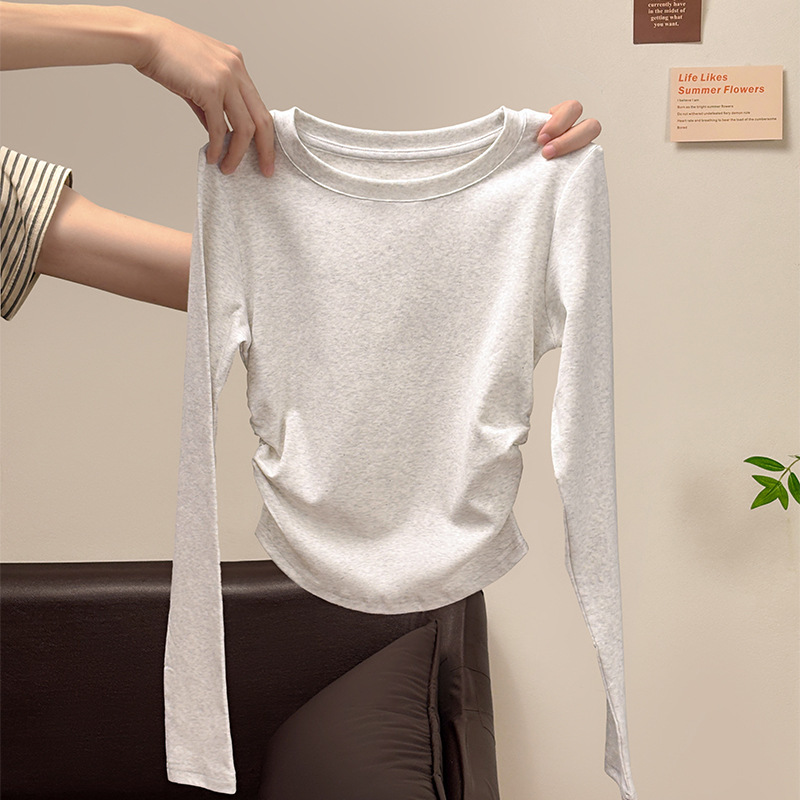 New Pure Cotton Long-Sleeve T-Shirt for Women, Round Neck, Base Layer, Autumn and Winter 2025, Pleated Waist, Petite Size, Inner Layer