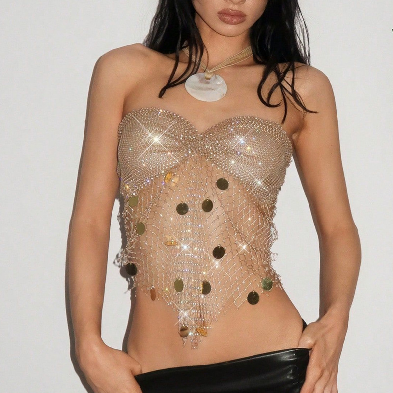 European and American Cross-Border Sexy Tube Top Fishnet Rhinestone Sequin Tank Top Amazon Music Festival Nightclub Hottie Camisole European and American Cross-Border Sexy Tube Top Fishnet Rhinestone Sequin Tank Top Amazon Music Festival Nightclub Hottie Camisole