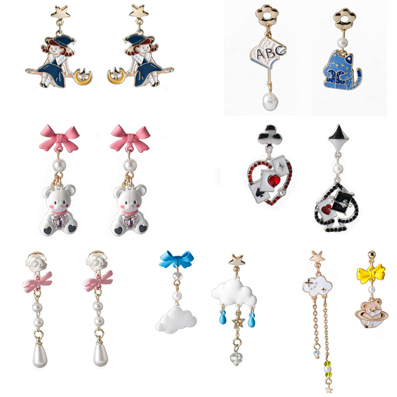 Fashionable asymmetrical cute earrings with tassels with bow