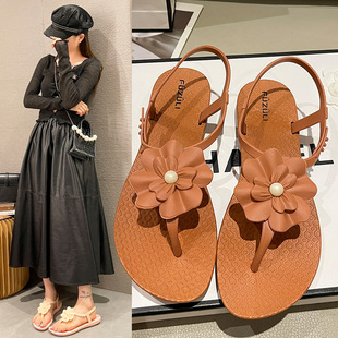 Roman sandals women's summer new online celebrity lady style flower flip-flops flat sandals seaside holiday beach sandals