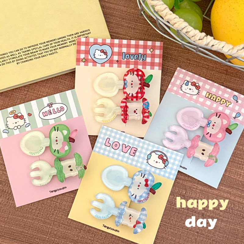 Tengyi Original Cute Apple Kitten Fork Spoon Hairpin Girl Versatile Acrylic Creative Bangs Clip Cartoon Hair Accessories