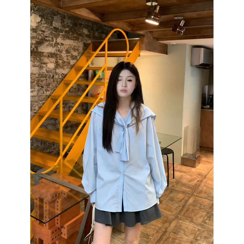 Spring New Korean Style Sweet Girl Fresh and Oxygenic Navy Collar Shawl Two-Piece Shirt Women's Top