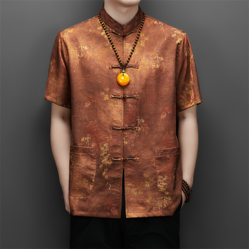 New Chinese-Style Dad Outfit, Tang Suit Two-Piece Summer Set, Festive Colorful Hanfu, Middle-Aged and Elderly Men's Wedding Attire Set