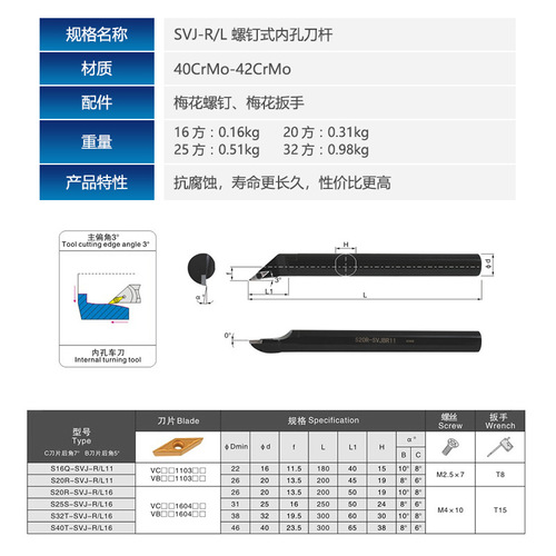 93-degree S-type internal hole bolt driver rod S10K/S12M/S16Q/S20R/S25S-SVJCR11/SVJCR16