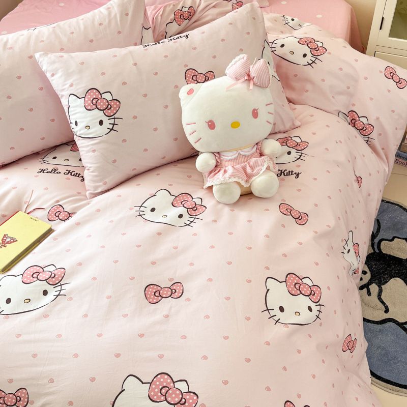 キティ純綿ベッド 4 点セット綿漫画子供用キルトカバーかわいい寝具女子寮ベッドシーツ 3 点セット|undefined