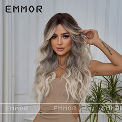 European and American cross-border new big wave wig for women with eight-character bangs, black gradient gray long curly hair, chemical fiber full headgear