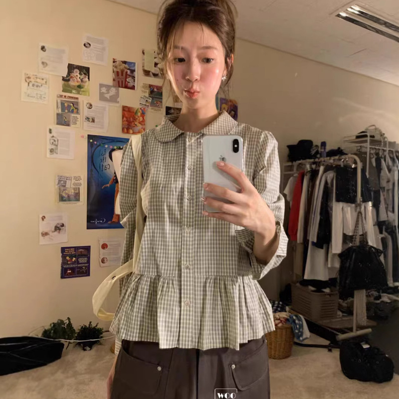 Korean Ins2026 Early Spring New Sweet and Cute Age-Reducing Ruffled Patchwork Plaid Doll Shirt Top Korean Ins2026 Early Spring New Sweet and Cute Age-Reducing Ruffled Patchwork Plaid Doll Shirt Top