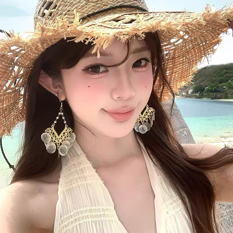 红色花瓣夸张流苏耳环女轻奢高级感长款吊坠气质耳钉复古贵气耳饰|undefined