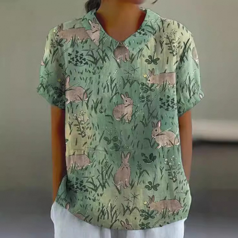 Foreign Trade Cross-Border Amazon Europe and America 2025 New Summer Short-Sleeved Shirt Printed Pullover Top Source Factory