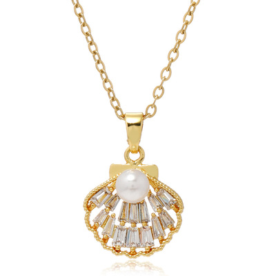 钛钢饰品镀18k玫瑰金锁骨链女时尚项饰镶钻贝壳项链女锆石微镶短