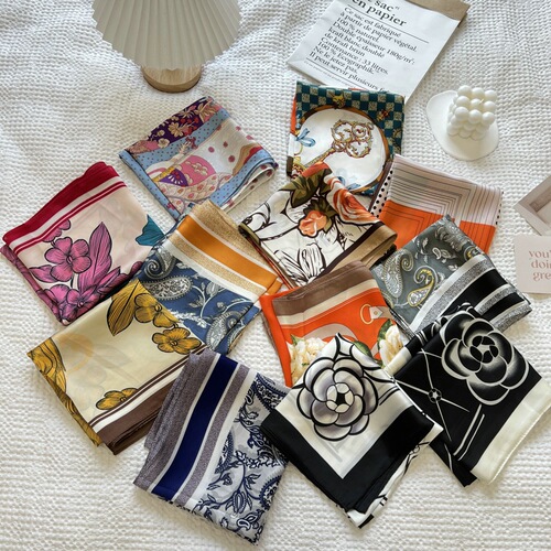 High-quality Korean-style silk scarf for women: petite square neckerchief, versatile faux silk multi-functional hairband—perfect for spring, summer, and fall, offering a lightweight, breathable wrap.