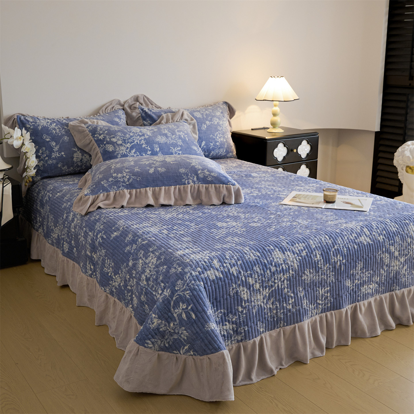 Set copriletto in pizzo e pile stile nordico francese vintage boho coreano, composto da quattro pezzi, copripiumino in velluto di latte floreale vintage francese, letto imbottito_voghion.com