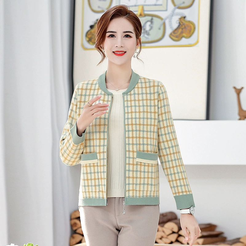 Осенняя куртка с капюшоном для мам, Женский Тонкий Топ в ломаную клетку среднего и пожилого возраста, весна и осень, вязаный жакет в западном стиле