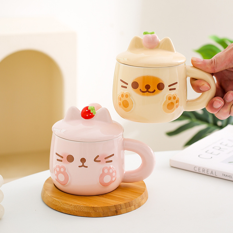 Cute taza de cerámica para gatos, taza de pareja con cuchara de tapa, taza de café, regalo de cumpleaños práctico