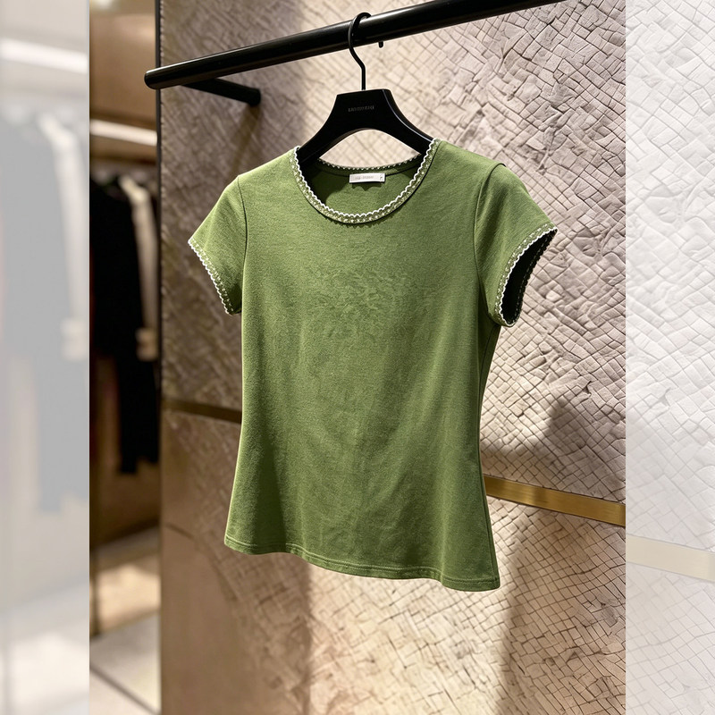 Forest Green Lace High-End Chic Early Summer Slim-Fit Round Neck Short-Sleeve T-Shirt for Women 2026 Summer Korean Style Outfit Top