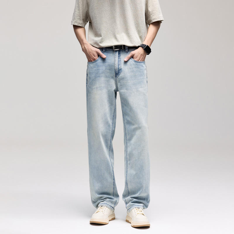 Light Blue Stretch Straight-Leg Jeans for Men, Summer Thin Style, 2026 New Model, Washed, Loose Fit, Versatile, Drapey Men's Pants