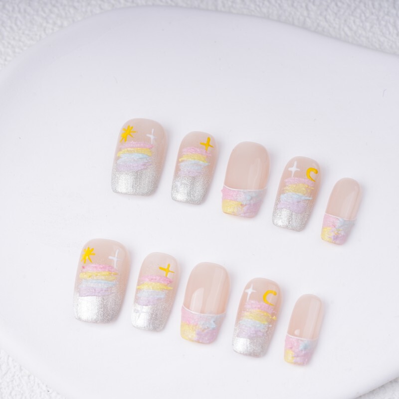 Neon Sweet Dreams Macaron Rainbow Wearable Nails Clear Foundation Color Star and Moon French Nail Tips Energetic Girl Neon Sweet Dreams Macaron Rainbow Wearable Nails Clear Foundation Color Star and Moon French Nail Tips Energetic Girl